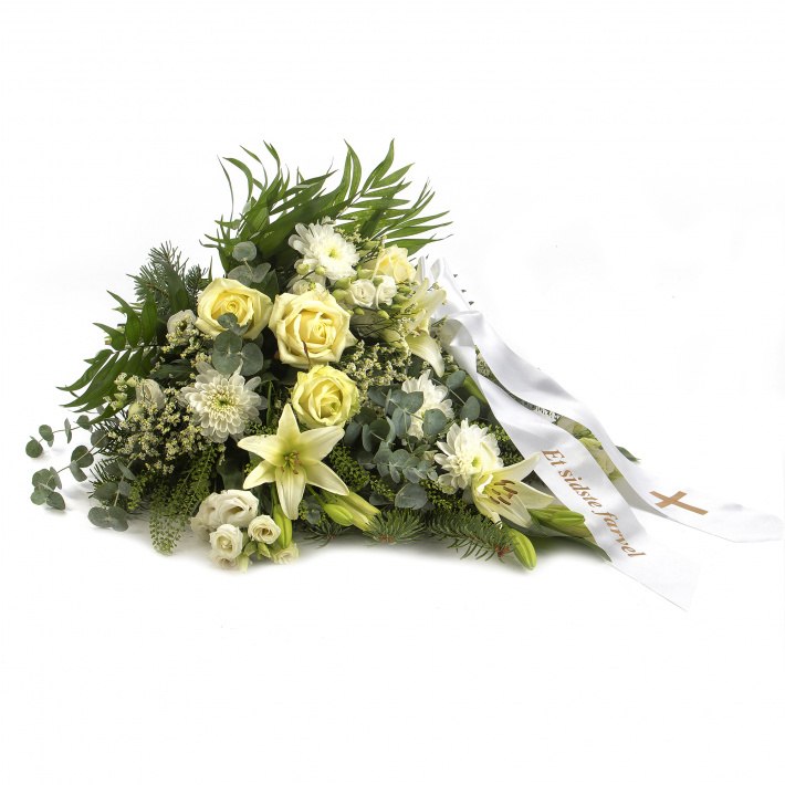 Bårebuket med bånd Blomster Vinkrogen - Din blomsterbutik i Hirtshals - Send blomster