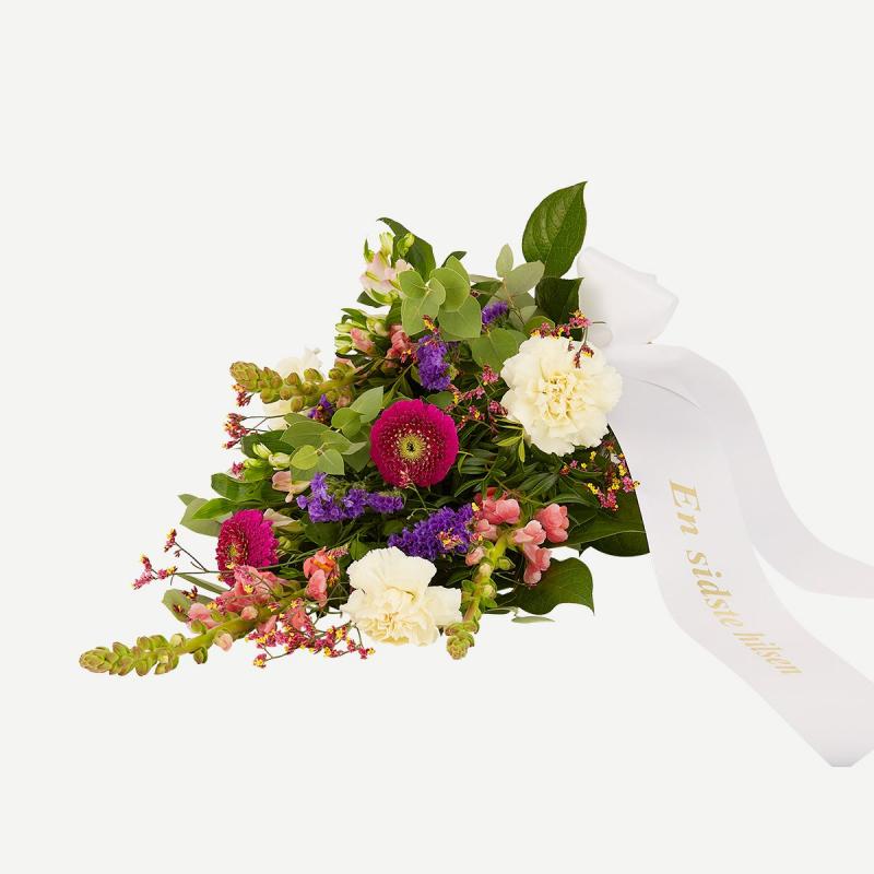 Nødvendig papir væv Bårebuket, farverig (Floristens kreative valg) med bånd - Krukkerne - Din  blomsterbutik i Allerød - Send blomster online